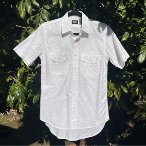 NLST NAVY white cotton button up short sleeve‎ shirt